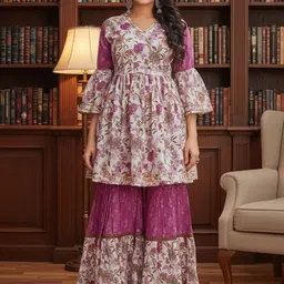 SZN Women Floral Printed Empire Kurta with Sharara & With Dupatta image 5