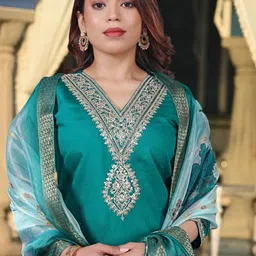 KALINI Women Embellished Chanderi Silk Kurta with Trousers & With Dupatta image 5