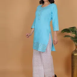 Mytrendzs Women Turquoise Blue Pure Cotton Kurti & Palazzos With Dupatta image 2