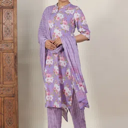 Aramya Floral Printed Pure Cotton Mandarin Collar Kurta With Trousers & Dupatta image 3