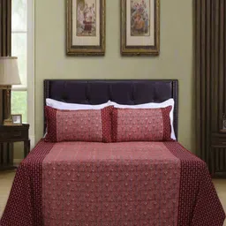 SHAHENAZ Red & White Floral Cotton 120 TC Queen Bedsheet with 2 Pillow Covers-picture-32