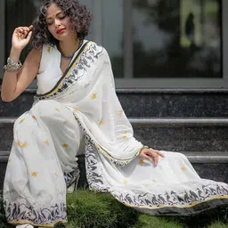 Moda Rapido Ethnic Motifs Linen Blend Designer Block Print Saree image 4