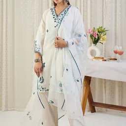Indo Era Ethnic Motifs Embroidered Thread Work Pure Cotton Kurta With Trousers & Dupatta-picture-23