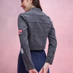 DressBerry Typography Patchwork Detail Crop Denim Jacket image 5