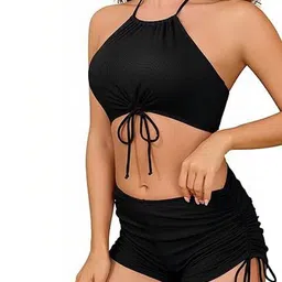 Women Fuzzy Halter Neck High-Waist Swim Bikini Set image 4