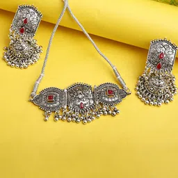 PUJVI Sterling Silver Stone-Studded & Beaded Jewellery Set image 1
