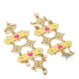 KARATCART Gold Plated Contemporary Kundan Pearl Enamelled Drop Earrings image 5