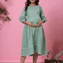 Ikk Kudi by Seerat Women Floral Printed Pure Cotton Maternity Fit & Flare Midi Dress-image-28