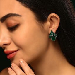 Priyaasi Silver-Plated Oxidized Leaf Shaped Emerald Stone Studded Studs Earrings-picture-6