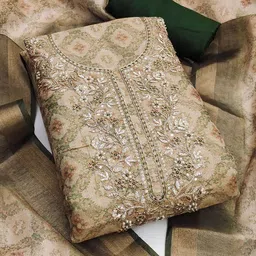 Maroosh Floral Printed Beads And Stones Art Silk Unstitched Dress Material image 4