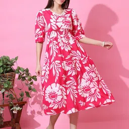 Honky Tonky Floral Printed Gathered Or Pleated Puff Sleeves Fit & Flare Midi Dress-image-29