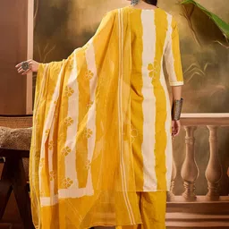 Sangria Women Striped Pure Cotton Straight Kurta & Trousers With Printed Dupatta image 3