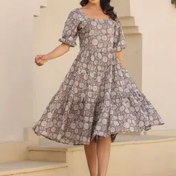 Janasya Floral Printed Pure Cotton Flared Ethnic Dress-picture-10