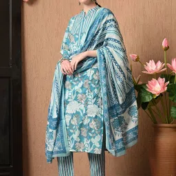 KEOSA Women Floral Printed Regular Pure Cotton Kurta with Trousers & With Dupatta image 5