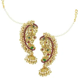 FEMMIBELLA Gold-Plated Artificial Stones Studded & Beaded Dome Shaped Jhumkas With Chain-picture-11