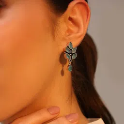 Biba Silver-Plated Artificial Stones Studded Leaf Shaped Drop Earrings image 3