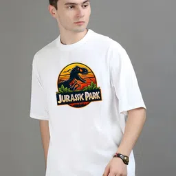 Streetsutra Men Jurassic park Graphic Printed Round Neck Cotton Oversized T-shirt-picture-36