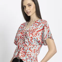 SHAYE Women Beige V-Neck Printed Short Sleeves Casual Tops image 4