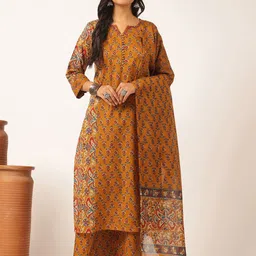 GULMEHAK Floral Printed Notch Neck Pure Cotton Kurta With Palazzos & Dupatta-picture-3