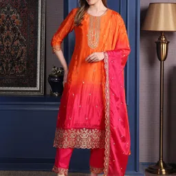 KALINI Embroidered Sequinned Round Neck Straight Kurta With Trousers And Dupatta-picture-28