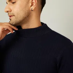 kvetoo Men Solid High Neck Blue Sweater image 4