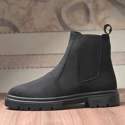 Roadster Men Black Self Design Round Toe Slip On Block Boots-image-83