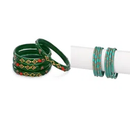 1ST TIME Set Of 12 Green Alloy Artificial Stones & Beads Antique Bangles-picture-11