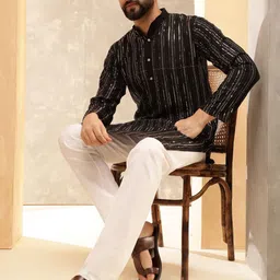 Anouk Men Band Collar Geometric Embroidered Sequinned Pure Cotton Straight Kurta image 2