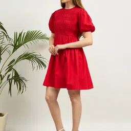 ZUMMER Women Cotton Round Neck Puff Sleeve Smocked A-Line Dress image 5