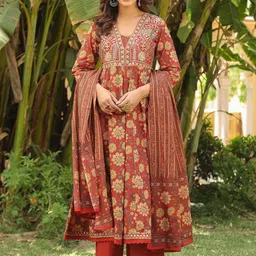aaraas Women Floral Printed Mirror Work Anarkali Pure Cotton Kurta With Palazzos And Dupatta-picture-31