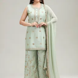 COTTON CULTURE Floral Embroidered Kurta With Palazzos & Dupatta-image-14