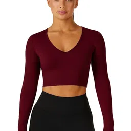 PUERY Women V-Neck Long Sleeves Cotton Fitted Crop Top-picture-10
