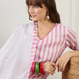 Indo Era Women Striped Regular Thread Work Linen Kurta with Trousers & With Dupatta image 4