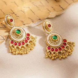 Rubans 18K Gold-Plated Red & Green Stone Chandbali Earrings with Pearls & Golden Beads image 4