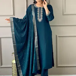 KALINI Floral Yoke Design Thread Work Straight Kurta With Trousers & Dupatta image 5