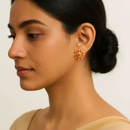 ELEGANTDREAM Gold-Plated Artificial Beaded Contemporary Studs image 2