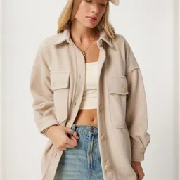 Happiness istanbul Spread Collar Long Sleeves Tailored Jacket With Utility Pockets-image-84
