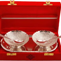 indianartvilla Set of Silver Plated 2 Bowl with 2 Spoon & 1 Tray,Designer Gift Item Bowl Spoon Tray Serving Set image 4