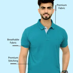 3bros Men Solid Polo Neck Cotton Blend (220 gsm) Green T-Shirt image 2