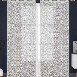 RIDHAAN White 2 Pieces Floral Sheer Long Door Curtains-picture-12