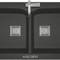 fourview 45x20 Inch Double Bowl Granite Quartz Kitchen Sink | 12mm Thick Metallic Finish Heat & Scratch Resistant | Top/Under/Flush Mount | With Coupling & Waste Pipe Under Counter Basin image 1