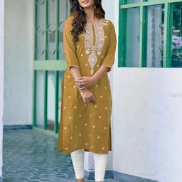 samah Women Chikan Embroidery, Embellished, Dyed/Ombre, Self Design Cotton Blend Straight Kurta image 5