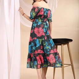 Attire Empire Floral Print Off-Shoulder Puff Sleeve Georgette Fit & Flare Midi Dress image 5