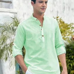 APEKTRA Band Collar Roll-Up Sleeves Slim Fit Short Kurta image 4