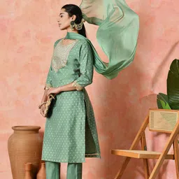 Sangria Women Geometric Woven Design Kurta with Trousers & Dupatta image 4