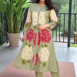 SZN Floral Printed Band Collar Pleated A-Line Kurta With Trousers image 5