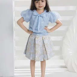 Peppermint Girls  Printed Puff Sleeves Top with Skirt-image-1