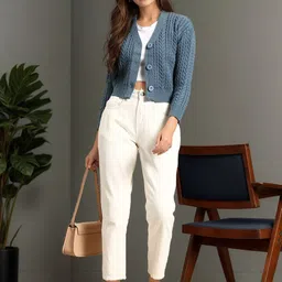 all about you Women Solid Cable Knit V-Neck Crop Cardigan image 5