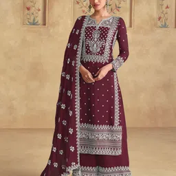 ODETTE Floral Embroidered Thread Work Georgette Semi-Stitched Dress Material-image-90