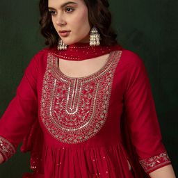 Sangria Floral Embroidered Zari Sequence Anarkali Kurta & Trouser With Dupatta-picture-28